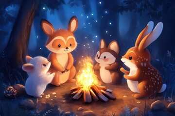 Obraz premium Whimsical woodland creatures around campfire in magical forest night scene