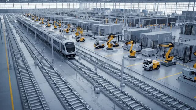 High-tech automated train manufacturing and maintenance facility with robotic systems and rail transport infrastructure. Modern industrial automation for efficient production.
