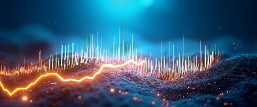 Cinematic financial data visualization with animated glowing graphs rising and falling over textured terrain, steady camera pan highlights dynamic analytics and investment trends.