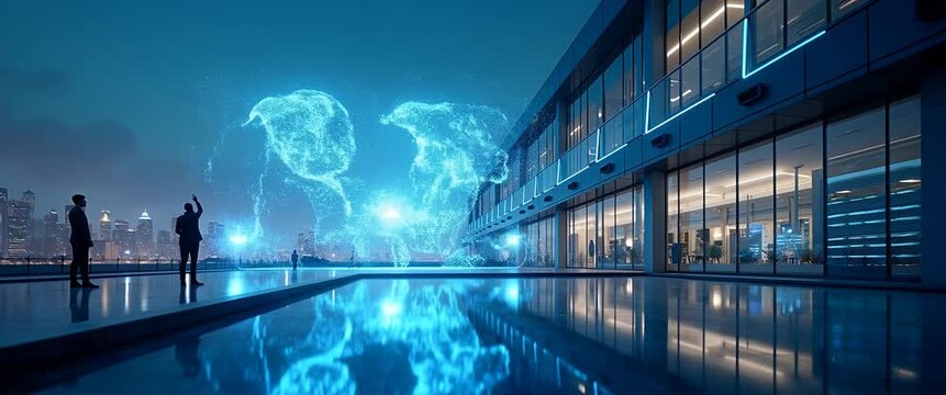 In a futuristic cityscape, silhouetted figures engage with a digital hologram globe on a rooftop, as the camera pans steadily; ambient lights flicker in a cinematic style.