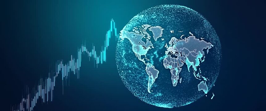 Global financial trends depicted on a digital world map with dynamic stock chart motion, as the camera slowly pans across a futuristic, cinematic blue background.