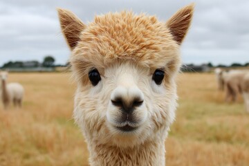 Obraz premium Quirky farm animal portrait featuring an adorable alpaca in a golden field Generative AI