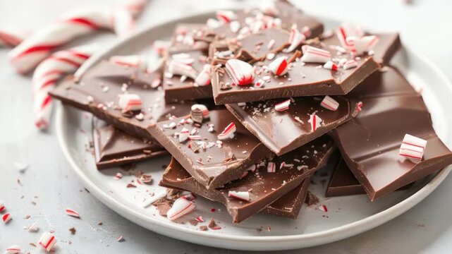 Chocolate bark topped with peppermint candy pieces on plate