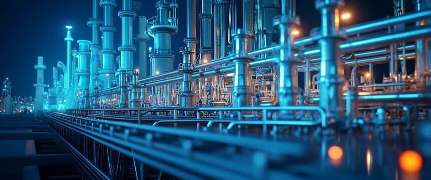 Cinematic view of a futuristic industrial skyline at dusk, with factory lights flickering, as the camera gently pans across the scene, highlighting innovation and advanced technology.