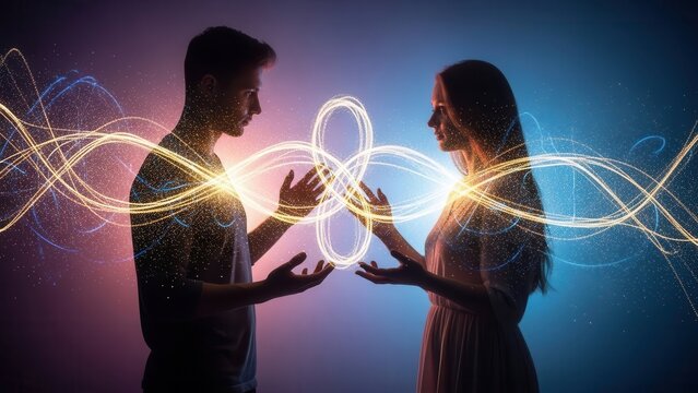 Ethereal and dynamic glowing silhouettes of a young man and woman are captured against a captivating gradient background transitioning from warm purple to cool blue, with their extended hands