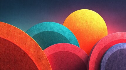 Abstract layered circular shapes in vibrant colors with textured surfaces and gradient backdrop