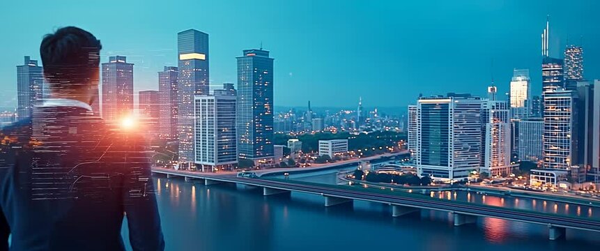 Businessman gazes at futuristic cityscape from rooftop as digital lights flicker; camera gently pans to reveal skyline, capturing innovation and vision in cinematic style.