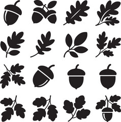 black silhouettes of oak leaves and acorns on white background © vector