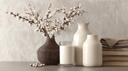 Elegant floral arrangement with vases minimalist home decor still life indoor soft lighting aesthetic inspiration © FC