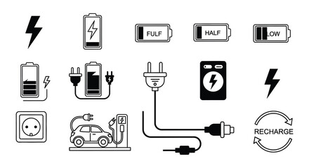 Fototapeta premium Variety of battery charging and power symbols in black and white