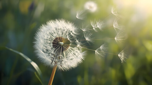 Beautiful white dandelion blowball with flying seeds in sunny summer atmosphere full of positive energy and lucky nature light on green blurred background showing freedom hope and wind dispersion