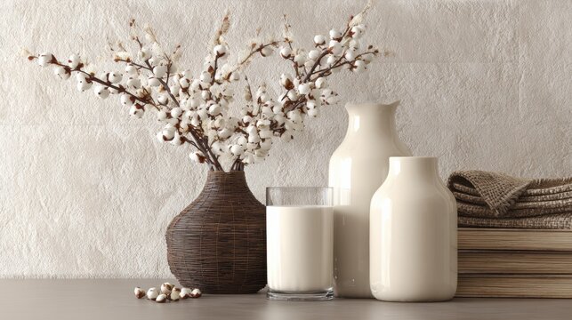 Elegant floral arrangement with vases minimalist home decor still life indoor soft lighting aesthetic inspiration