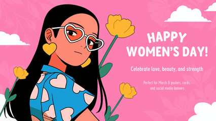 Vector illustration of woman with flowers. Happy Women's Day greeting card.