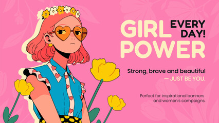 Vector illustration of woman with flowers. Happy Women's Day greeting card.