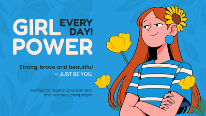 Vector illustration of woman with flowers. Happy Women's Day greeting card.
