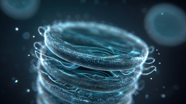 A stack of glowing blue circular discs featuring a digital mesh texture and wispy light trails. The scene is set against a dark background with soft bokeh particles and light.