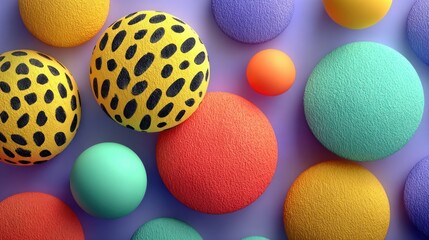 Colorful, textured spheres float against a soft lavender background, some patterned