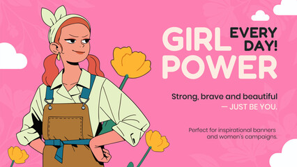 Strong Female worker. Happy Women's Day greeting card.
