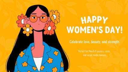 Vector illustration of woman with flowers. Happy Women's Day greeting card.