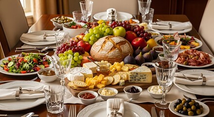 A beautifully set table with a large spread of food and wine glasses in a warm and inviting dining room