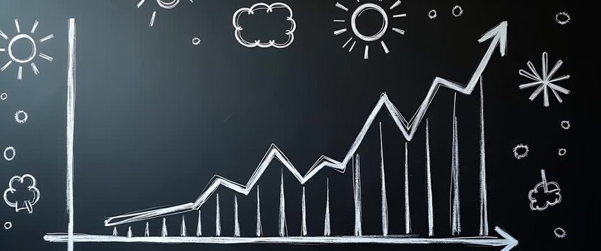 Chalkboard graph with rising arrow animates upward as camera slowly pans right, surrounded by whimsical chalk doodles under gentle ambient lighting in a cinematic, educational style.