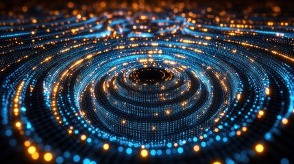 Abstract depiction of data flow with concentric illuminated circles and lines