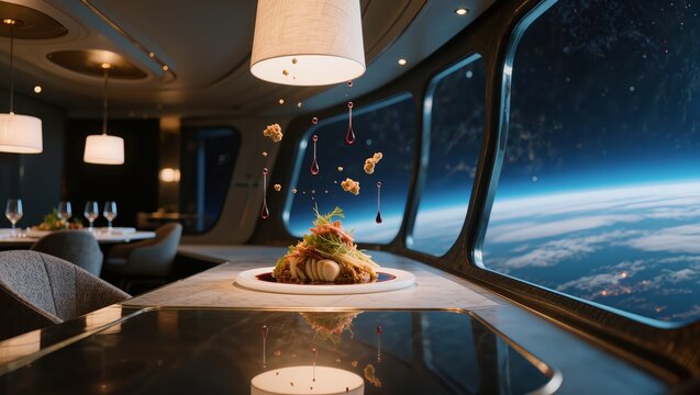 Gourmet meal featuring deconstructed elements floats above a modern table, creating a unique dining experience within a spacecraft restaurant overlooking planet earth
