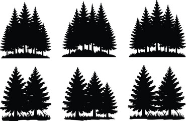 Obraz premium Silhouette vector illustration of pine tree forest clusters, natural woodland landscape design elements for logos, decoration, outdoor adventure themes