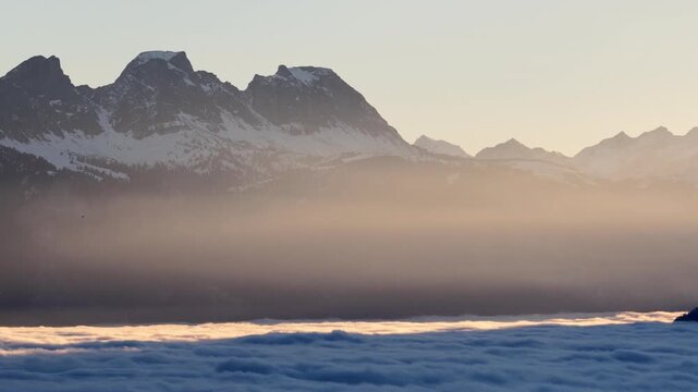 Sunrise over Swiss Alps near Walensee, stunning and serene landscape view