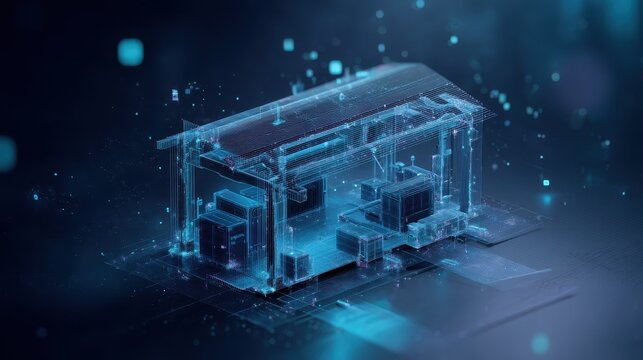A futuristic digital twin of an industrial warehouse shown as a glowing blue wireframe model with structural beams and machinery on a dark background with data particles.