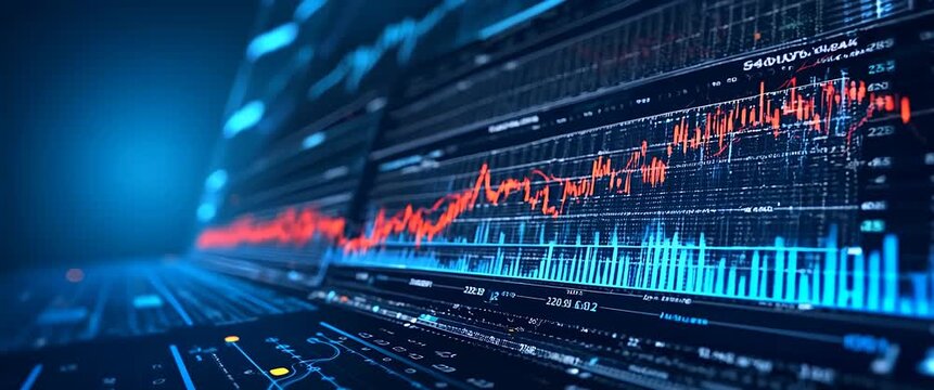 Dynamic financial data charts animate across a digital screen as the camera slowly pans, set against a cinematic cityscape backdrop with bokeh lights gently flickering.