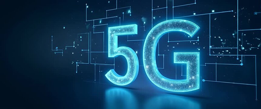Glowing 5G technology icon with digital grid background, lights subtly flicker as the camera slowly pans across the futuristic scene, offering a cinematic exploration of connectivity and innovation.