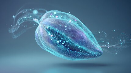 A glowing digital representation of a seed shape composed of blue and purple particles and light trails, floating against a soft blue background with ethereal swirls.