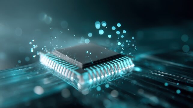 A high-tech microchip emits a bright blue glow on a circuit board, featuring abstract light effects and floating particles that represent digital data processing and technology.