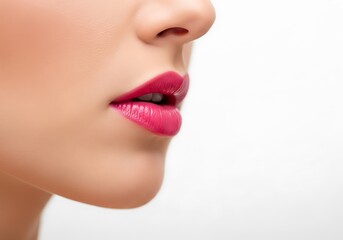 Close-up profile shot of a woman's mouth wearing glossy, vibrant fuchsia lipstick demonstrating beauty and cosmetic application on flawless skin.