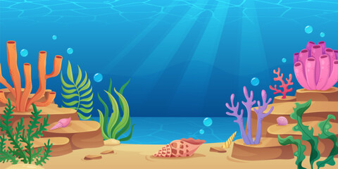 Seabed scene with cute shells and corals on sand with plants and algae. Cartoon ocean landscape with purple sponges, green kelp fronds and gentle light beams filtering through blue water above. © vectorpouch