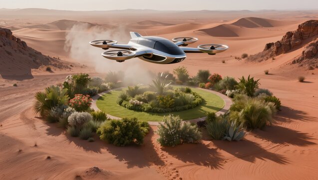 Sleek electric vtol hovers above a lush circular oasis garden in the middle of a vast desert, contrasting clean urban air mobility with a green sanctuary and dunes