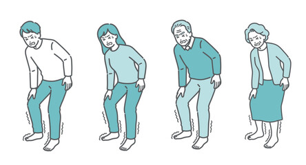 足の痺れ・痛みに耐える老若男女のイラストセット（糖尿病・坐骨神経痛・全世代）