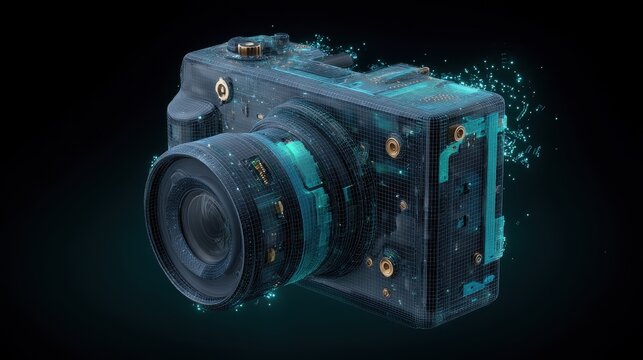 This digital camera is shown as a glowing blue wireframe hologram with intricate internal components and floating light particles against a solid dark background.