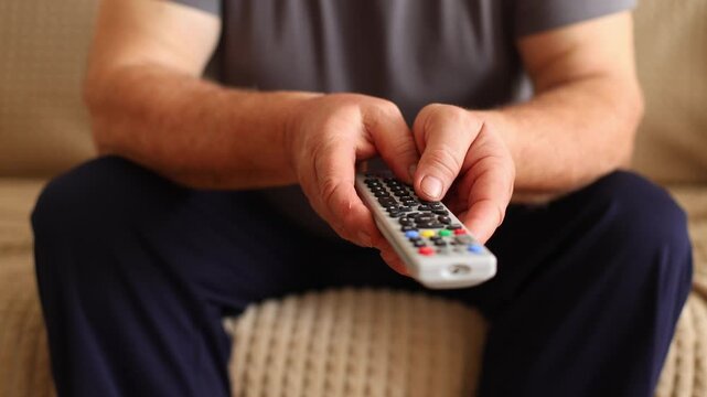 Close up of hands gripping a TV remote on a couch, thumb actively pressing buttons, casual home setting.