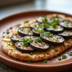 Crispy vegan flatbread generously topped with slices of char-grilled eggplant, drizzled with olive oil and sprinkled with fresh parsley
