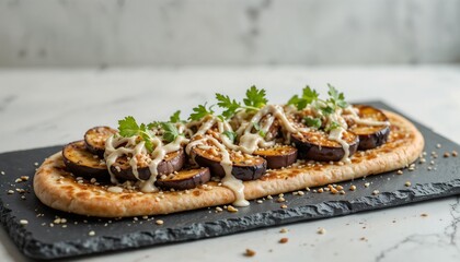 Vegan flatbread with grilled eggplant, tahini drizzle, and sesame seeds on a slate board, minimalist neutral backdrop