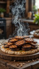 Handless side view of a quartered vegan flatbread loaded with golden-brown grilled eggplant slices