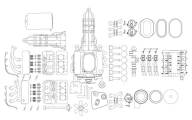 Obraz premium Detailed car engine set on a white background, featuring a disassembled set with components in clean contour illustration.
