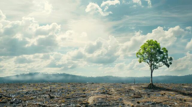 Single green tree stands alone in deforested area under cloudy sky