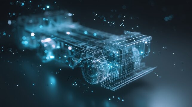 A futuristic blue holographic wireframe of a truck chassis glows against a dark background with floating digital particles, representing automotive engineering and digital twin technology.