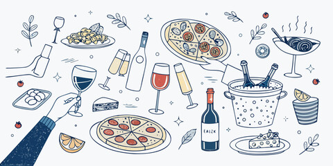 Summer Picnic Food and Wine Vector Illustrations Set on white background. Minimalist Hand Drawn Italian Food and Drinks Illustration. Mediterranean Cuisine Doodles: Pizza, Wine, and Appetizers.