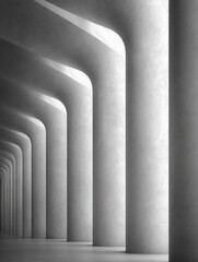 Naklejka premium A series of massive curved concrete pillars create a rhythmic architectural perspective in a minimalist monochrome setting with soft overhead lighting and deep shadows.