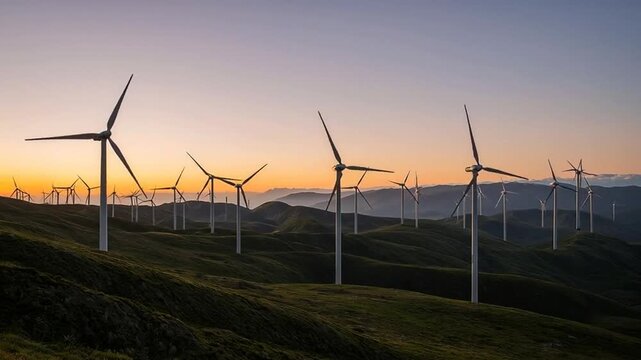 Un parque e&oacute;lico de turbinas blancas gira sobre colinas verdes bajo un atardecer dorado, destacando la energ&iacute;a renovable en un paisaje sereno.
