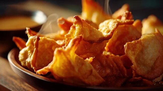 Crispy Golden Fried Wontons with Dipping Sauce Close Up Food Video